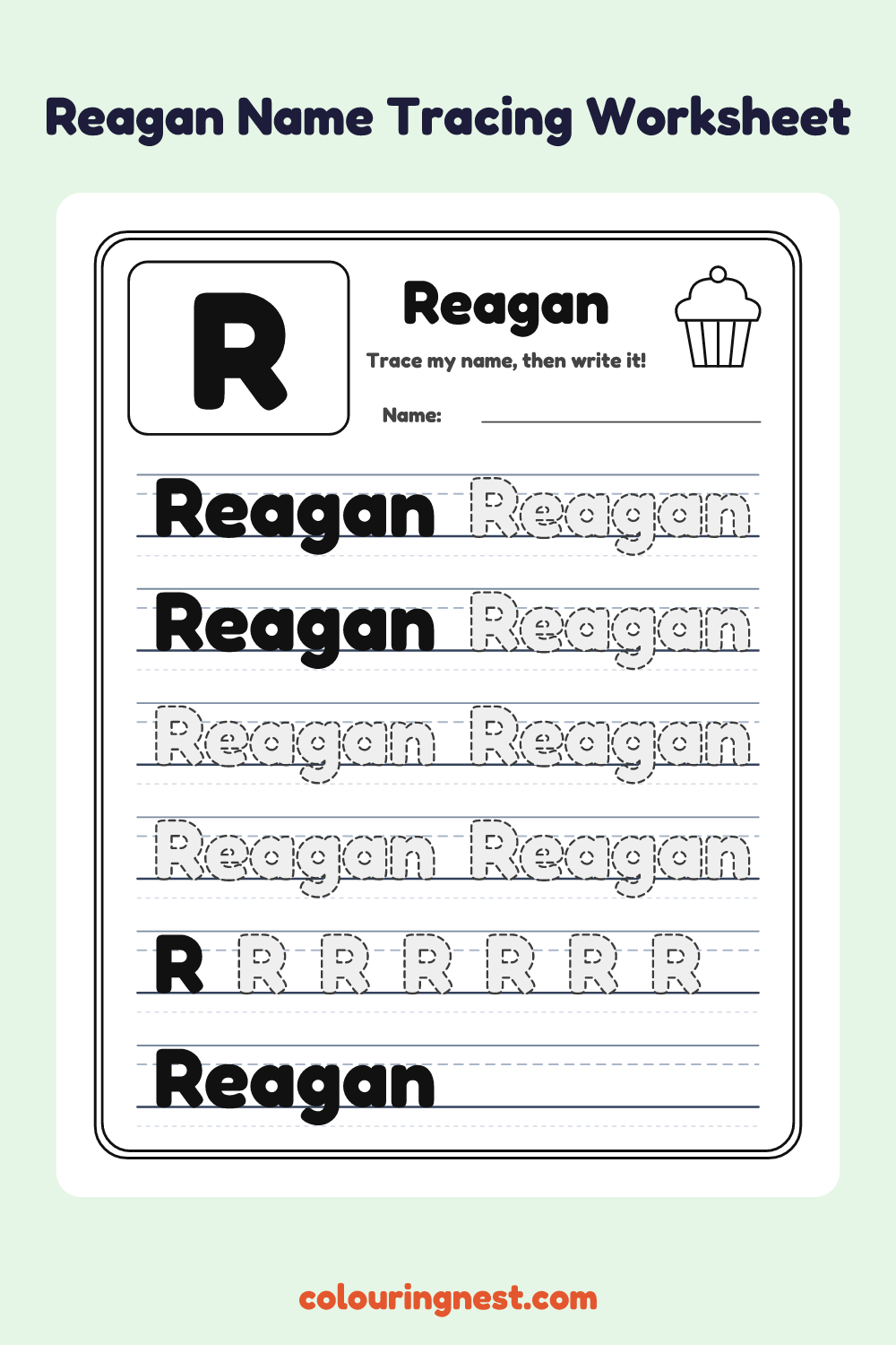 Reagan Name Tracing Worksheet: free printable black-and-white line art