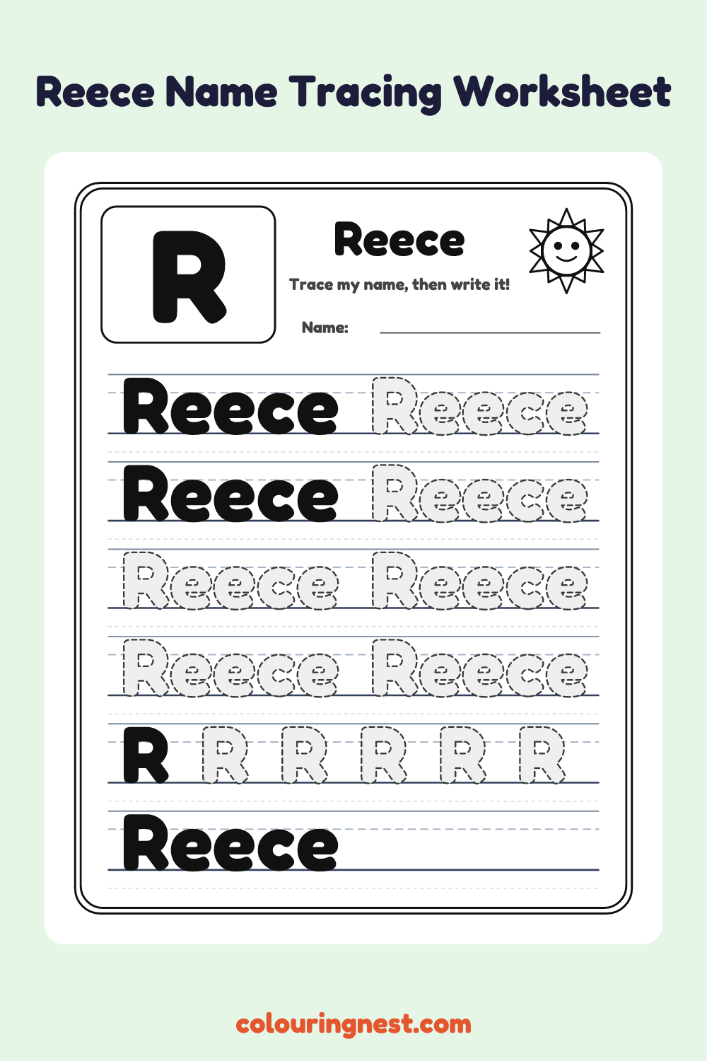 Reece Name Tracing Worksheet: free printable black-and-white line art