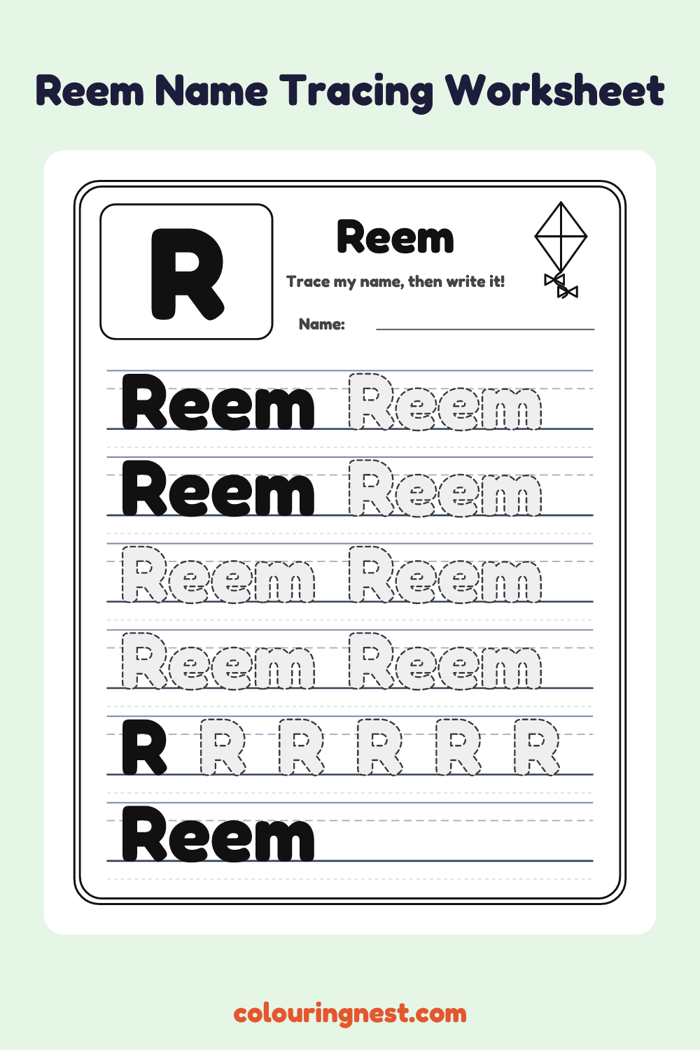 Reem Name Tracing Worksheet: free printable black-and-white line art