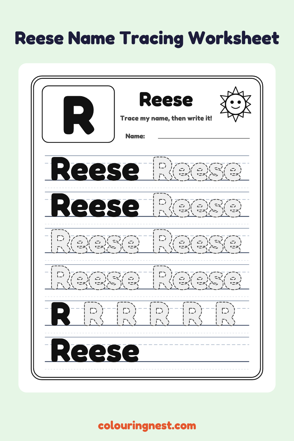 Reese Name Tracing Worksheet: free printable black-and-white line art