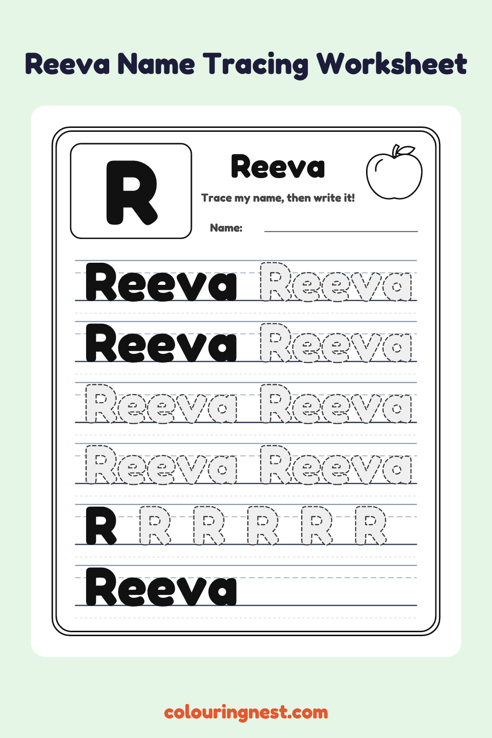Reeva Name Tracing Worksheet: free printable black-and-white line art