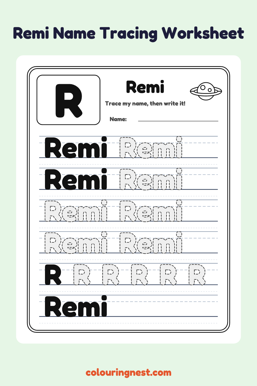 Remi Name Tracing Worksheet: free printable black-and-white line art