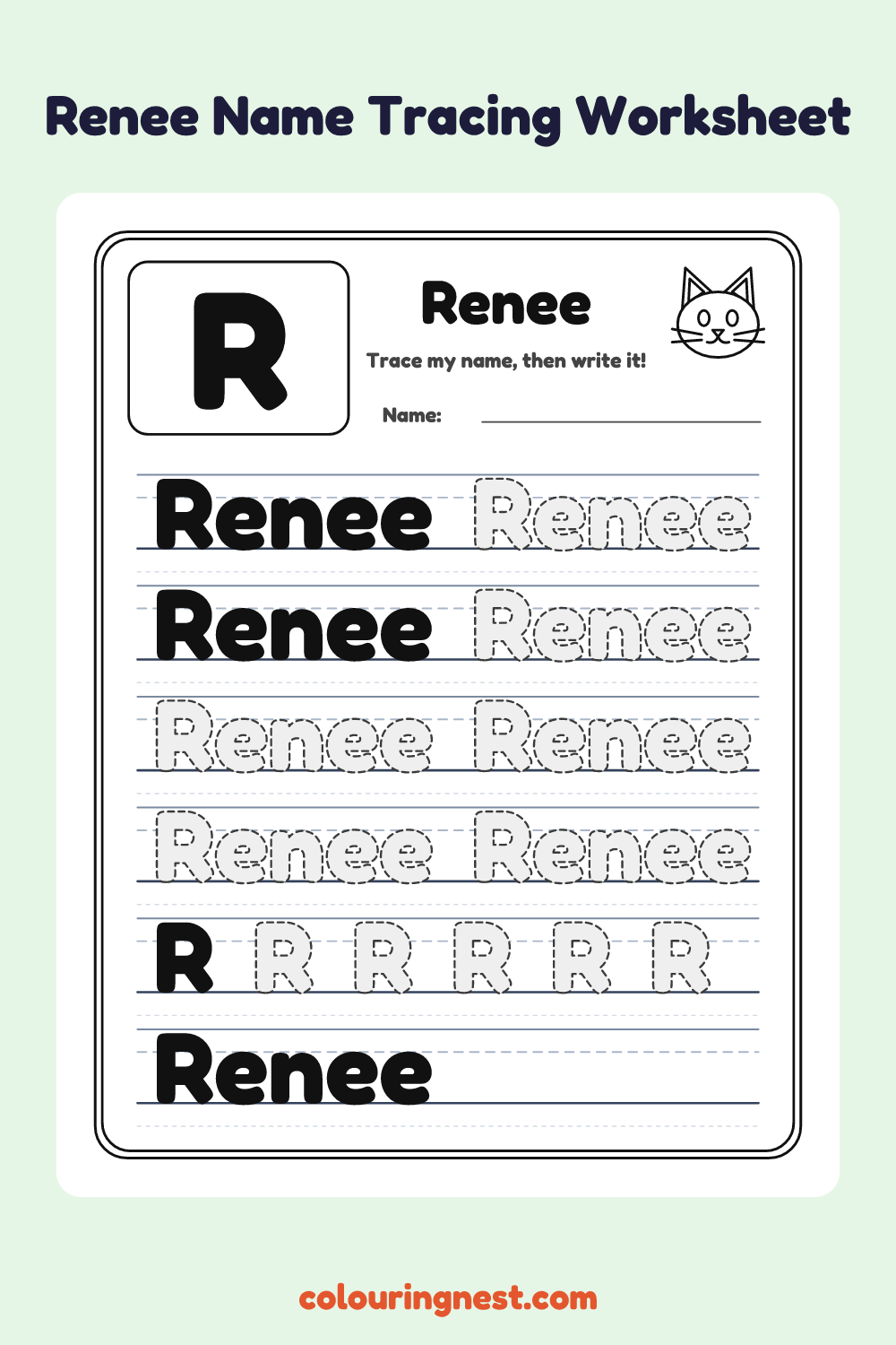 Renee Name Tracing Worksheet: free printable black-and-white line art