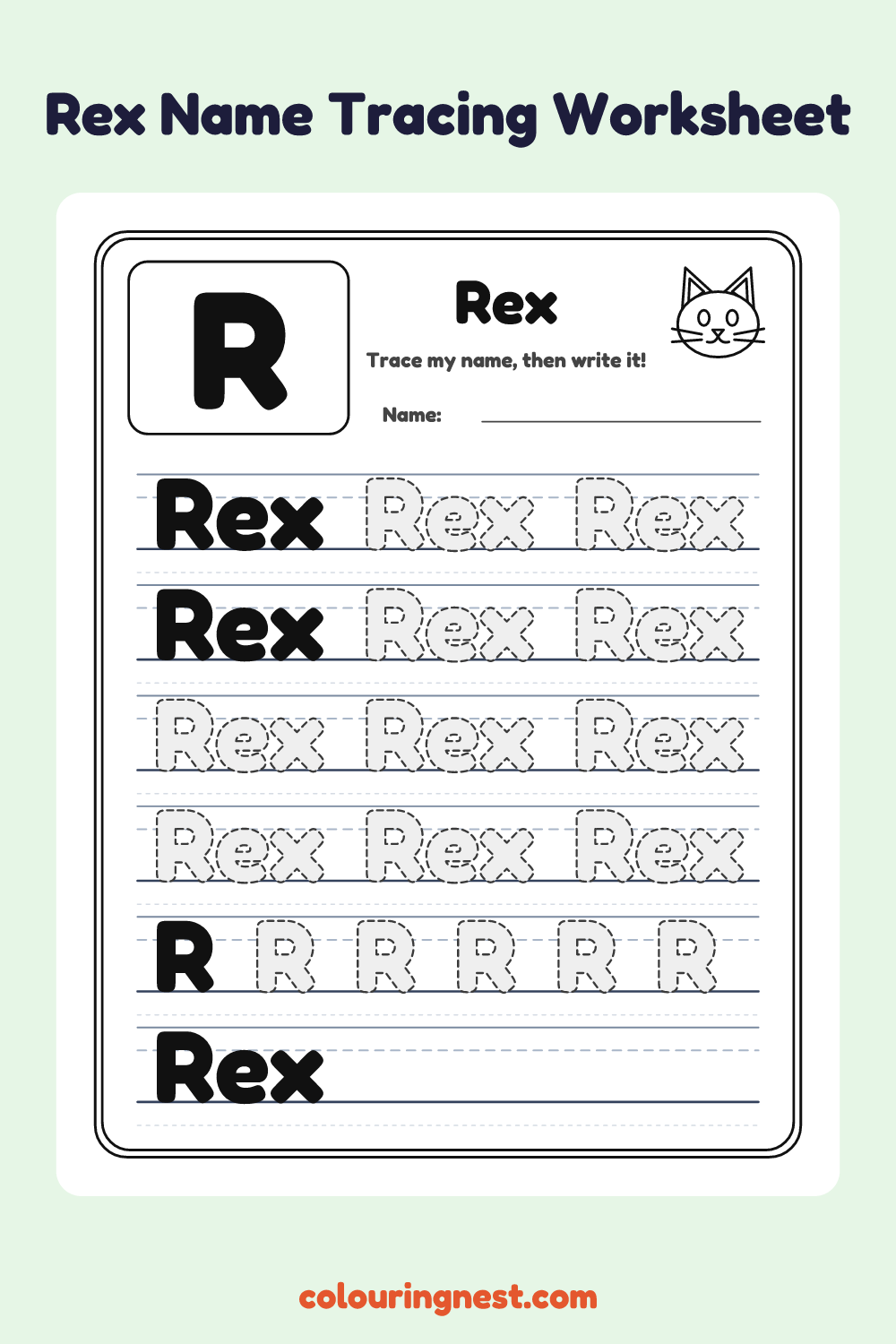 Rex Name Tracing Worksheet: free printable black-and-white line art