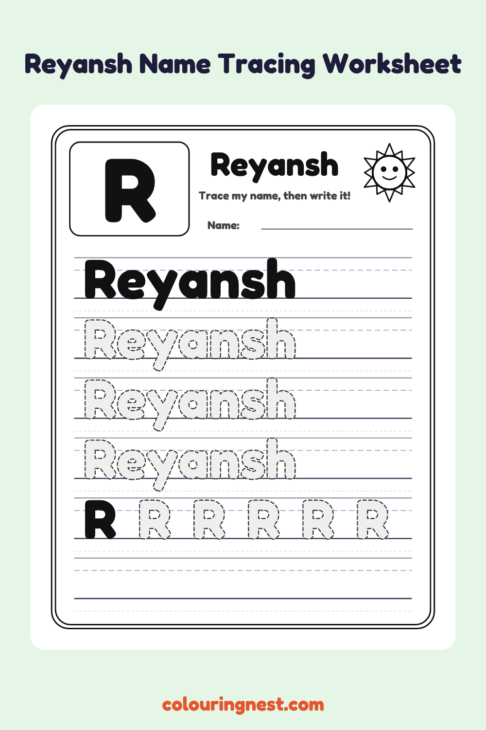 Reyansh Name Tracing Worksheet: free printable black-and-white line art