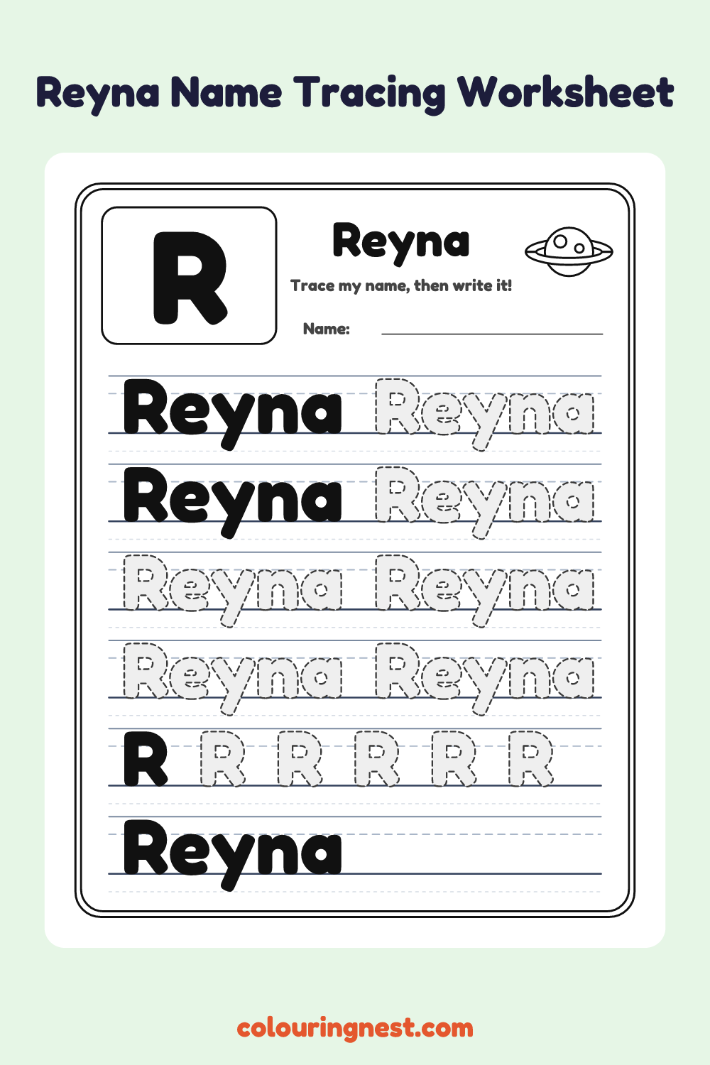Reyna Name Tracing Worksheet: free printable black-and-white line art