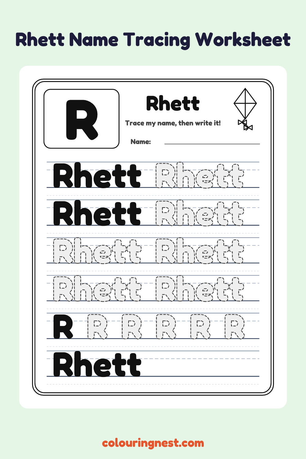 Rhett Name Tracing Worksheet: free printable black-and-white line art