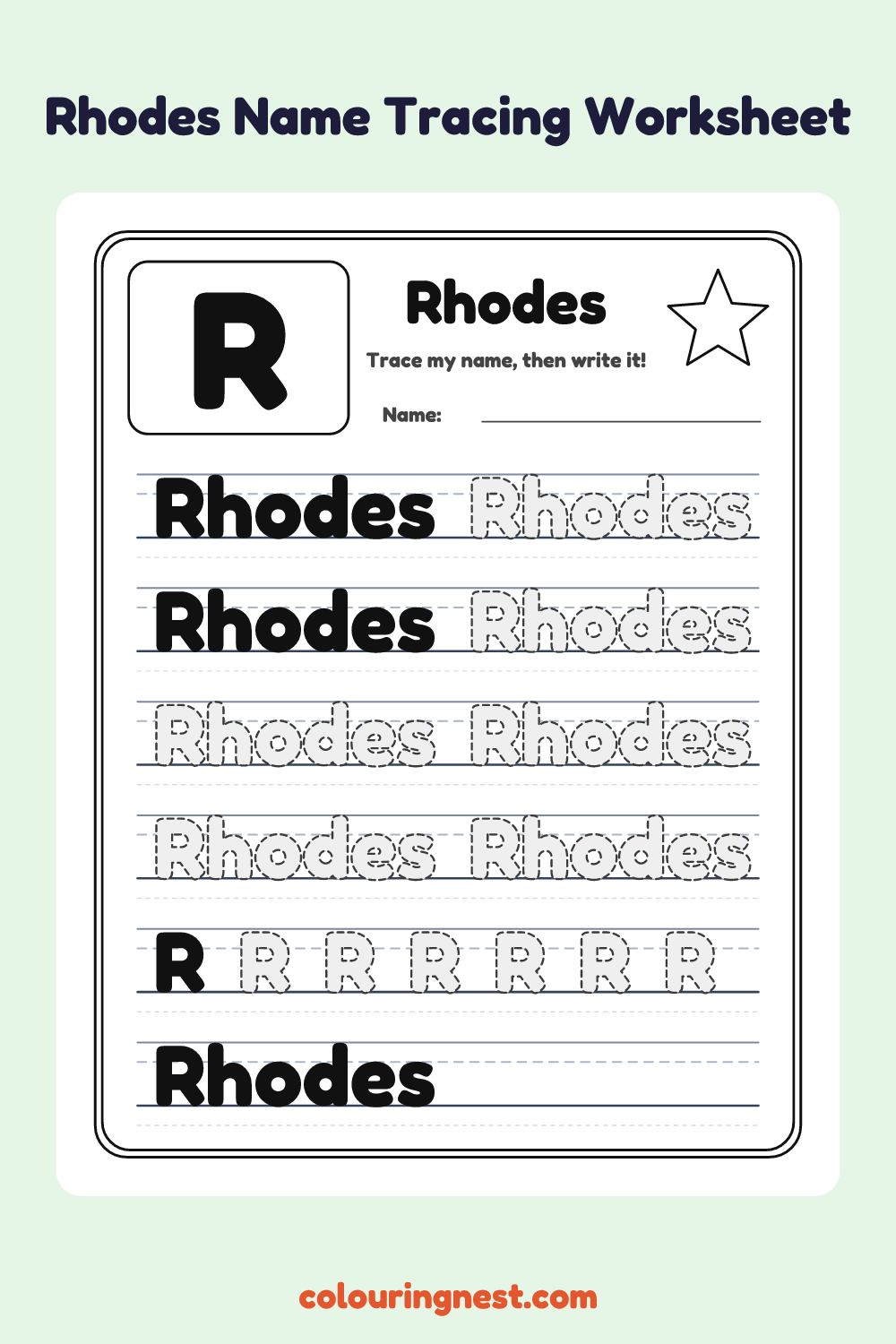 Rhodes Name Tracing Worksheet: free printable black-and-white line art