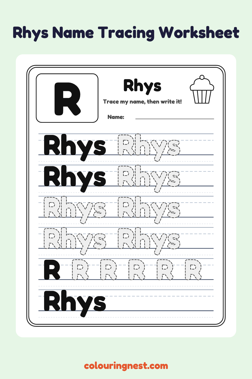 Rhys Name Tracing Worksheet: free printable black-and-white line art