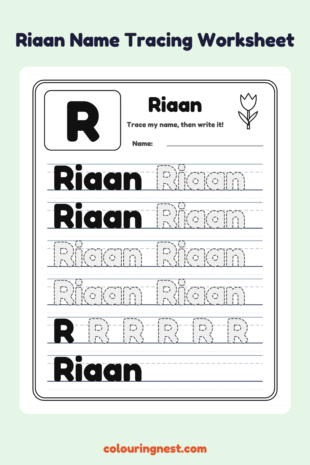 Riaan Name Tracing Worksheet: free printable black-and-white line art