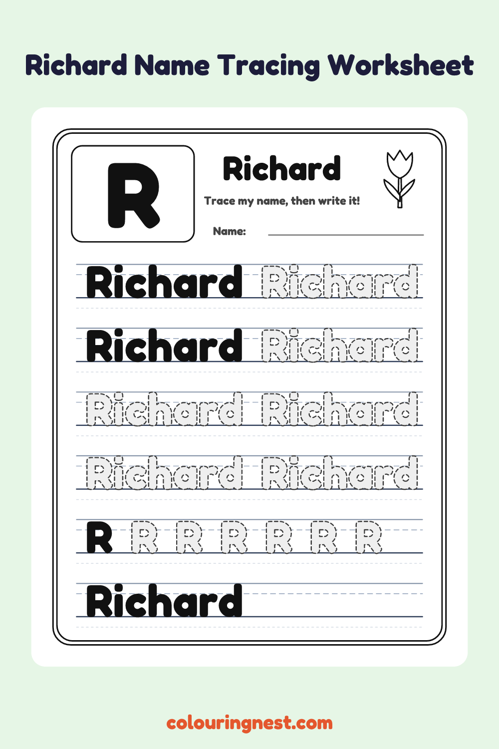 Richard Name Tracing Worksheet: free printable black-and-white line art