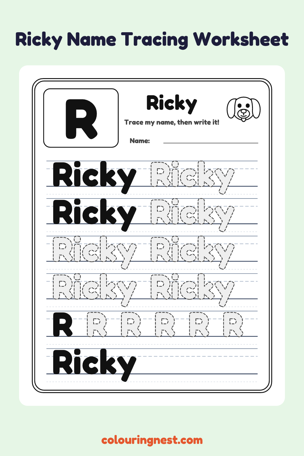 Ricky Name Tracing Worksheet: free printable black-and-white line art