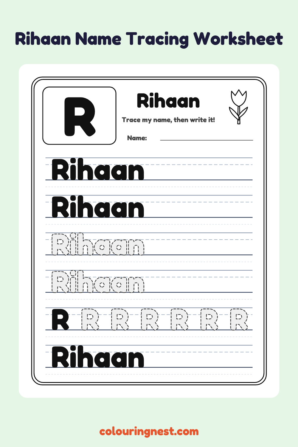 Rihaan Name Tracing Worksheet: free printable black-and-white line art