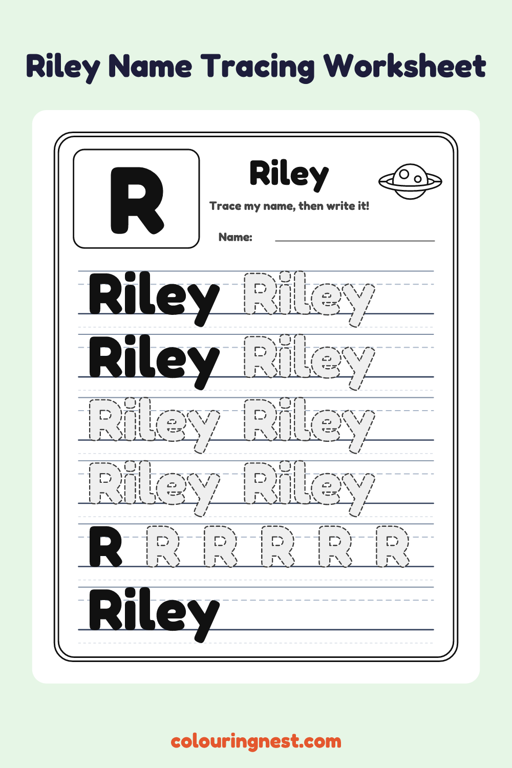 Riley Name Tracing Worksheet: free printable black-and-white line art