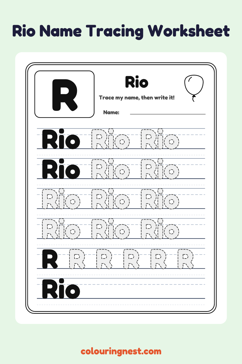 Rio Name Tracing Worksheet: free printable black-and-white line art