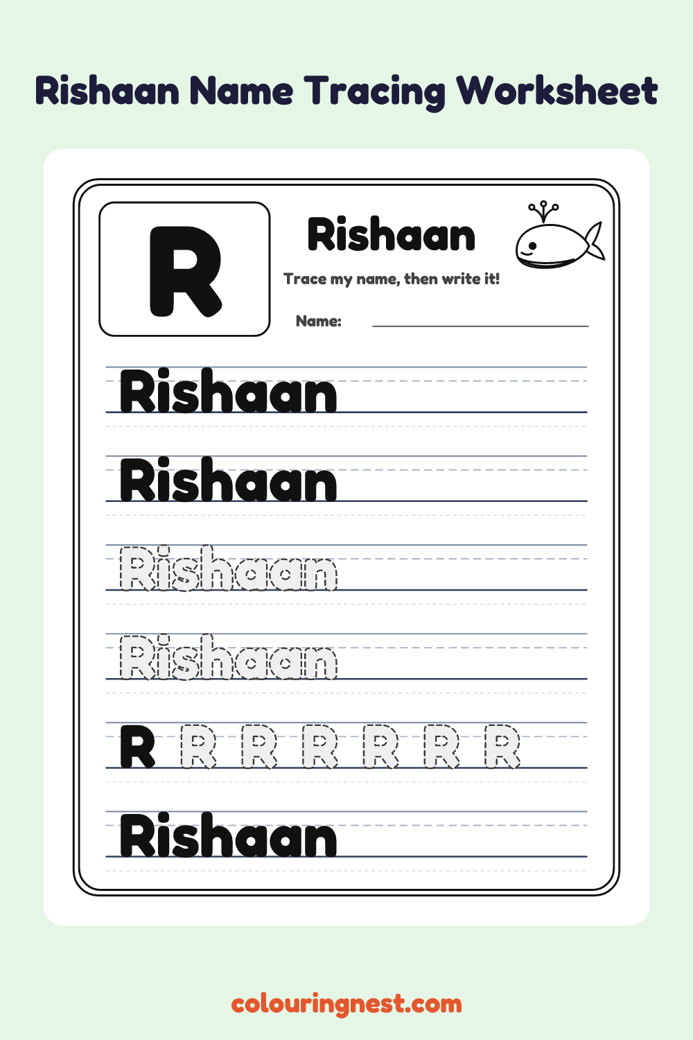 Rishaan Name Tracing Worksheet: free printable black-and-white line art