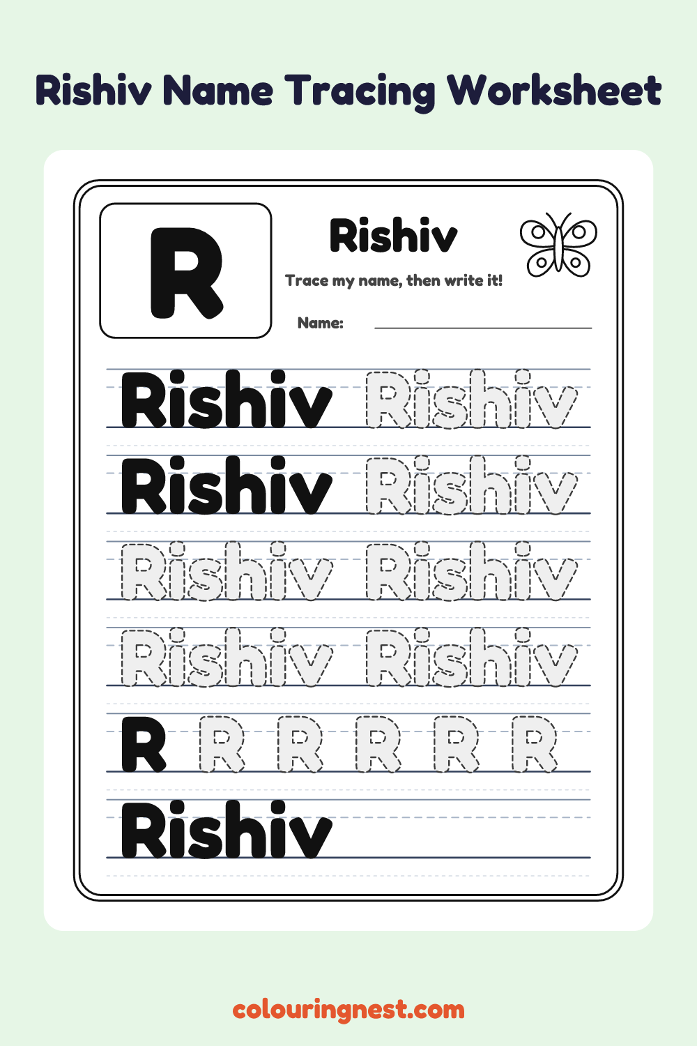 Rishiv Name Tracing Worksheet: free printable black-and-white line art