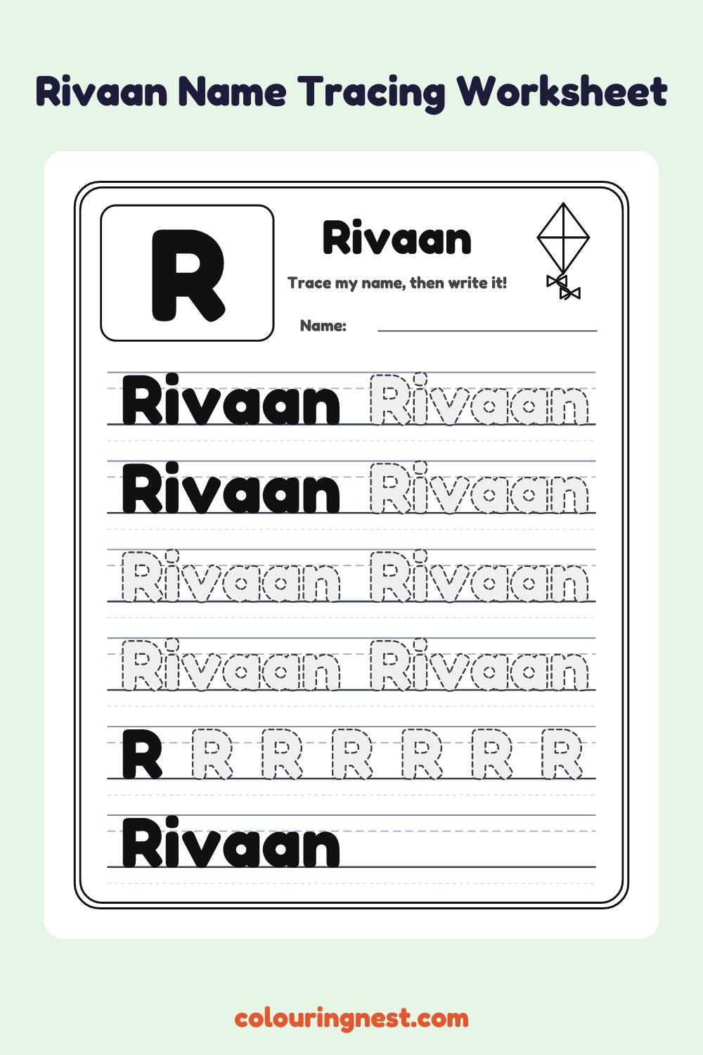 Rivaan Name Tracing Worksheet: free printable black-and-white line art