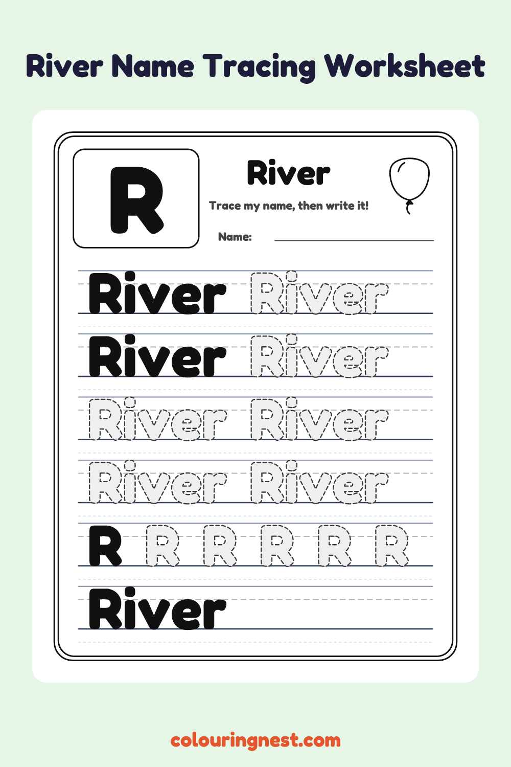 River Name Tracing Worksheet: free printable black-and-white line art