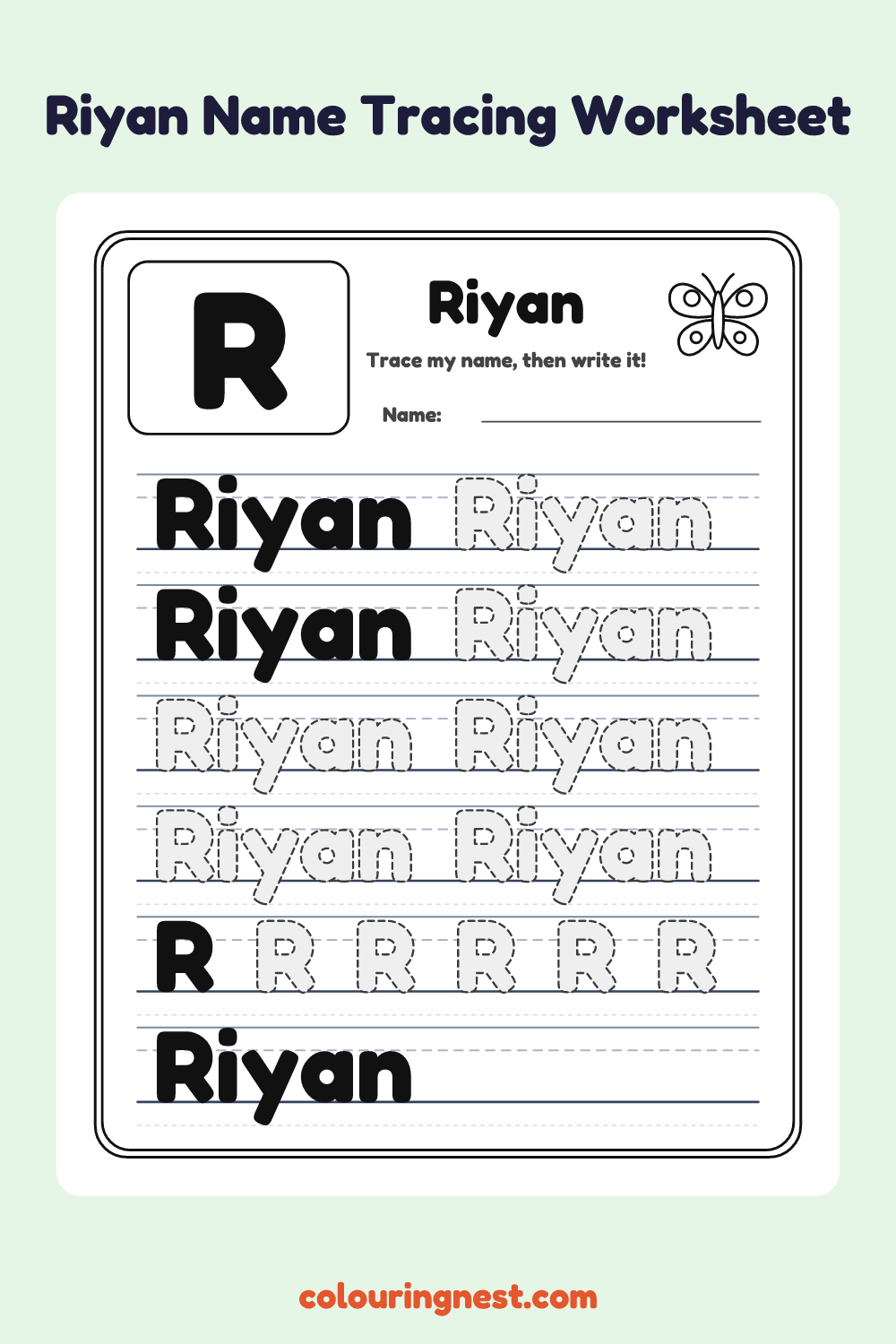 Riyan Name Tracing Worksheet: free printable black-and-white line art