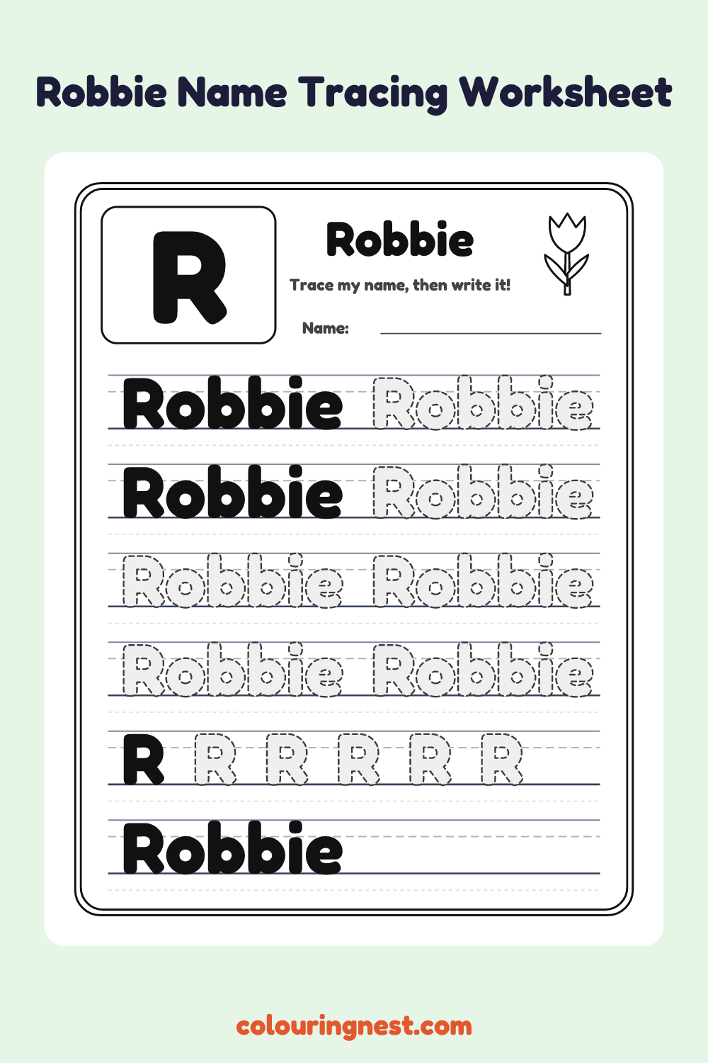 Robbie Name Tracing Worksheet: free printable black-and-white line art