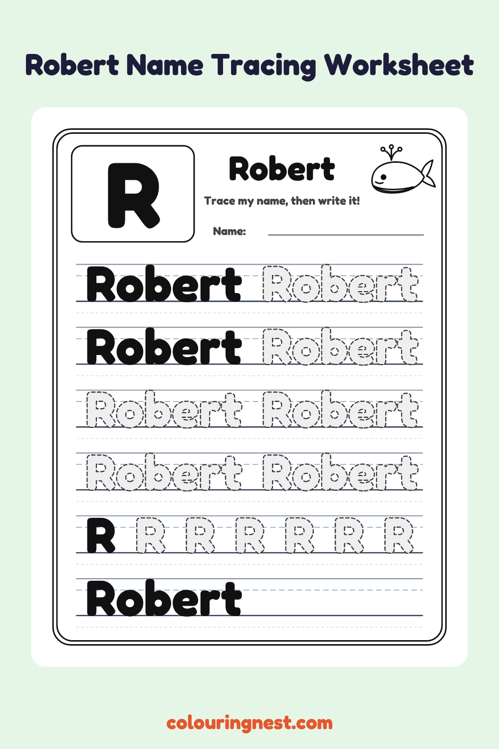 Robert Name Tracing Worksheet: free printable black-and-white line art