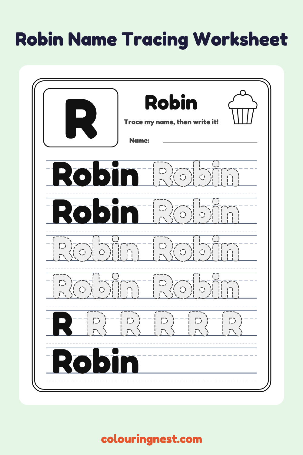 Robin Name Tracing Worksheet: free printable black-and-white line art
