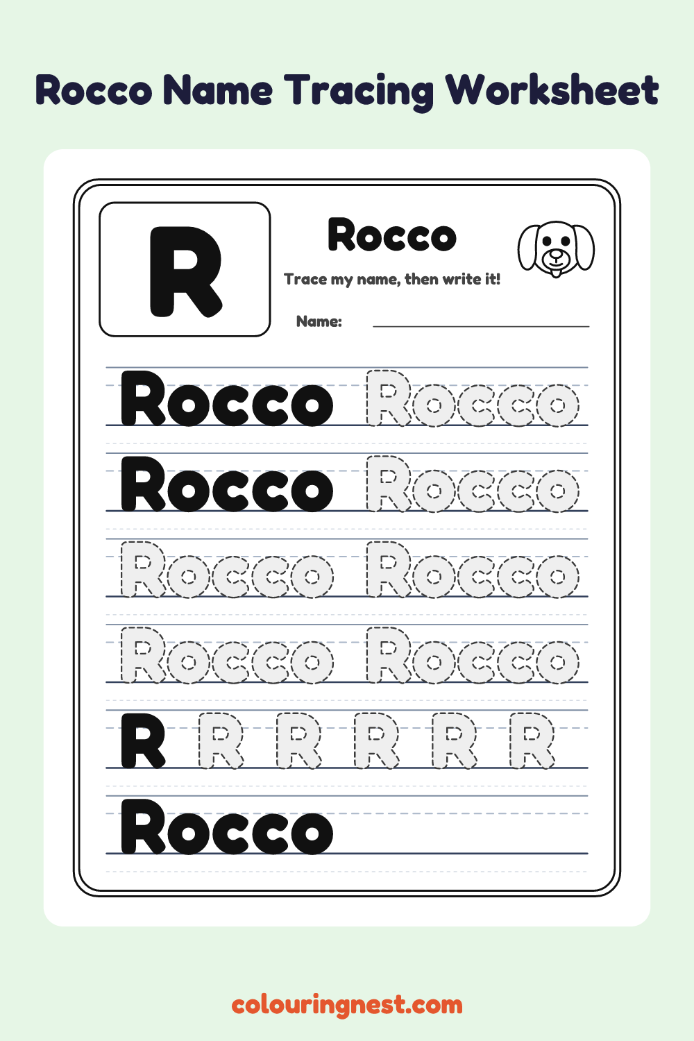 Rocco Name Tracing Worksheet: free printable black-and-white line art