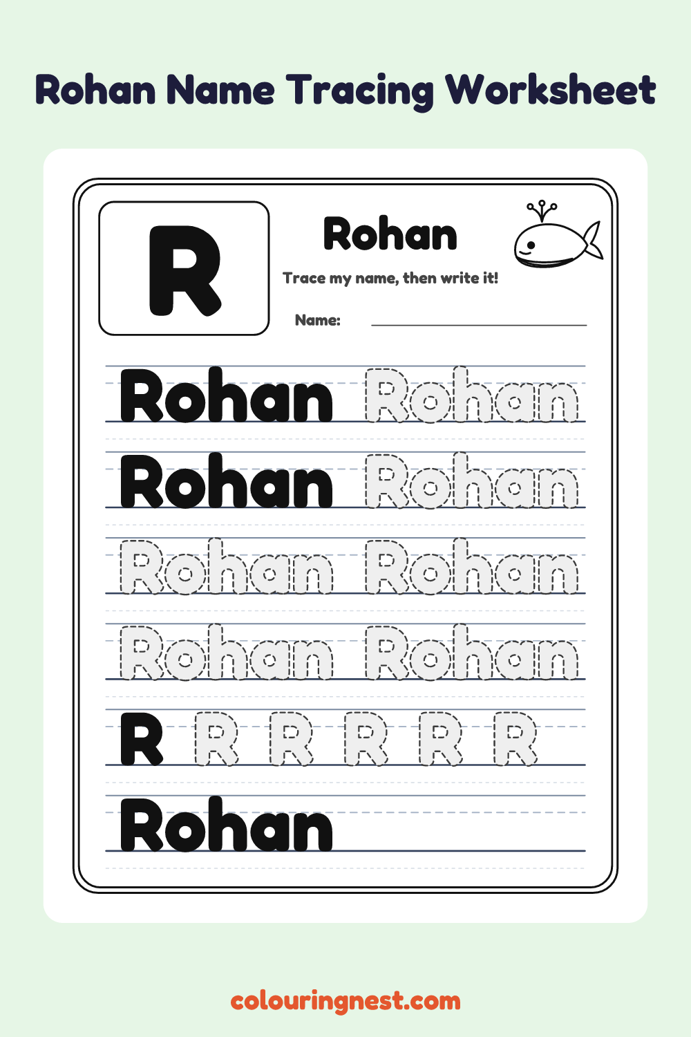 Rohan Name Tracing Worksheet: free printable black-and-white line art