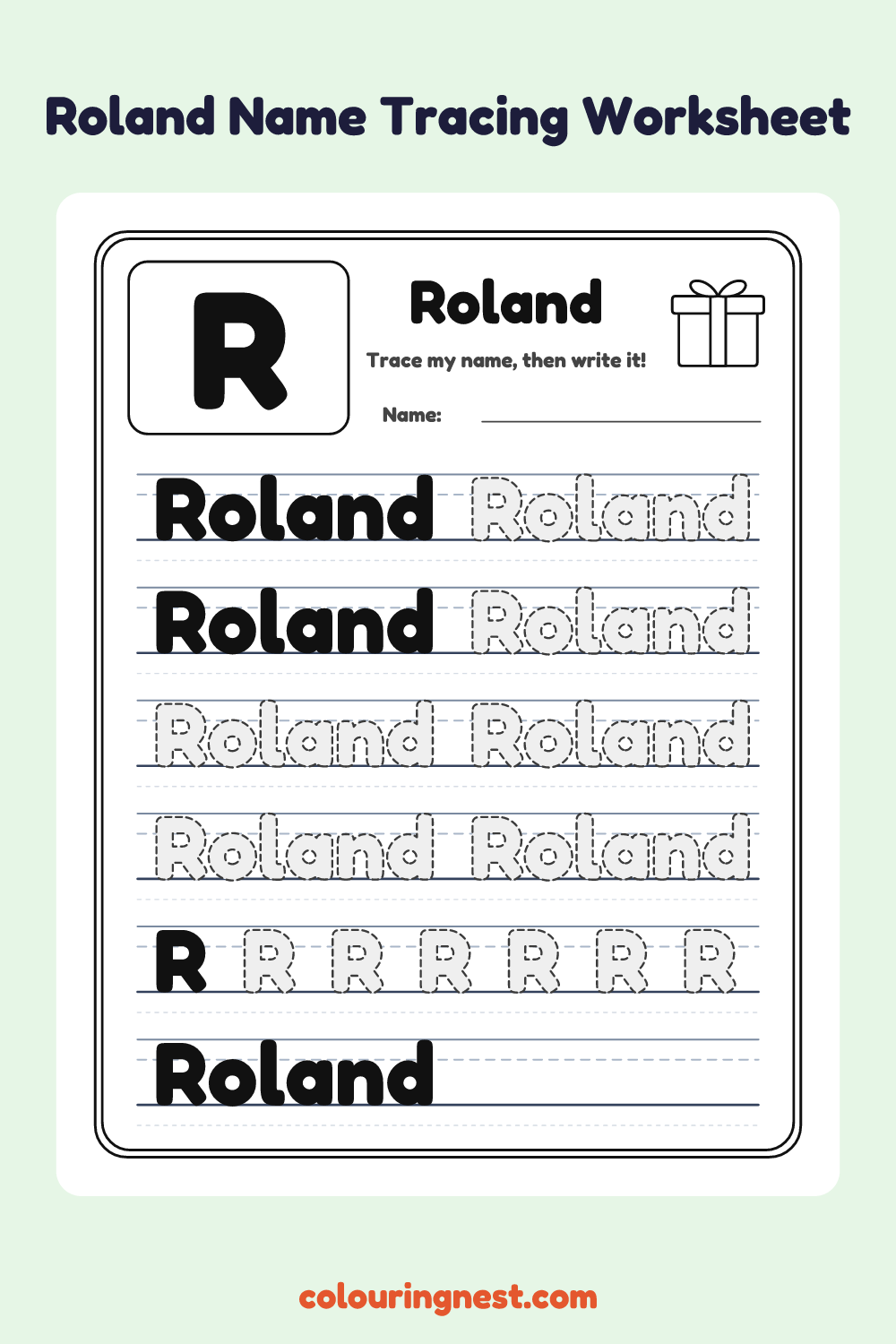 Roland Name Tracing Worksheet: free printable black-and-white line art