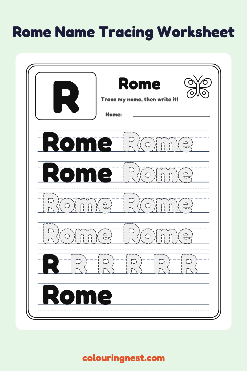 Rome Name Tracing Worksheet: free printable black-and-white line art