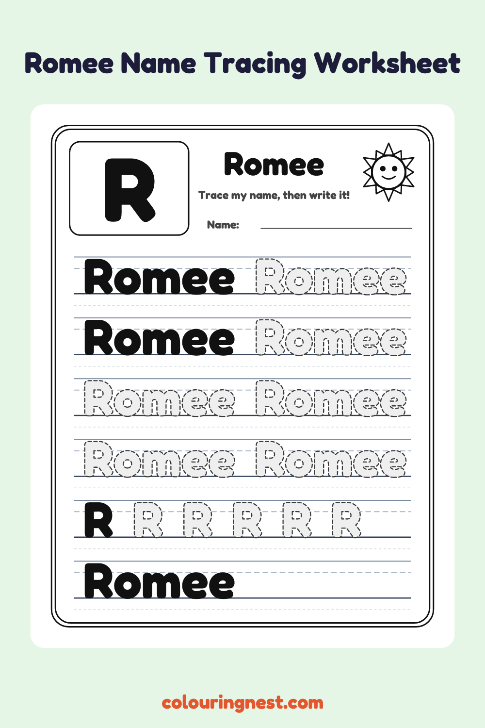 Romee Name Tracing Worksheet: free printable black-and-white line art
