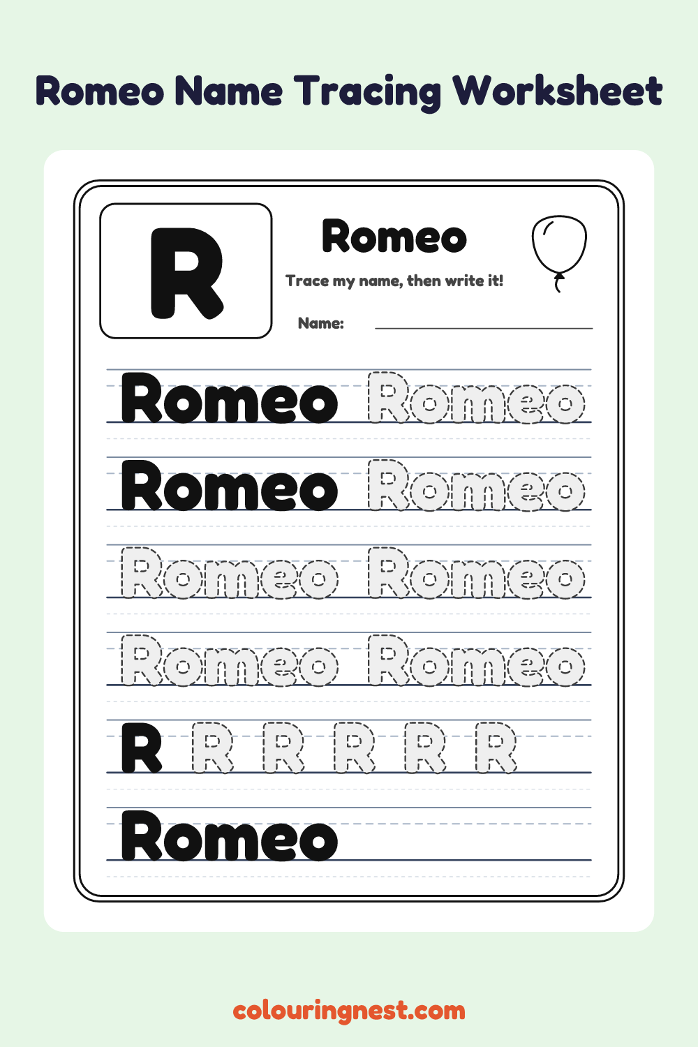 Romeo Name Tracing Worksheet: free printable black-and-white line art