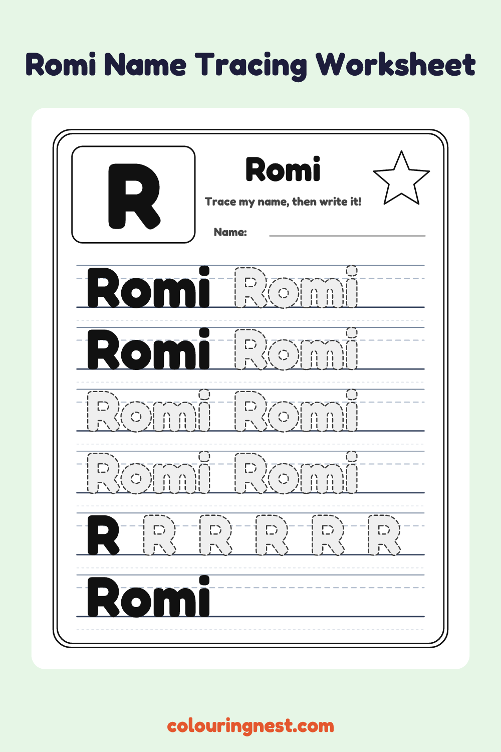 Romi Name Tracing Worksheet: free printable black-and-white line art