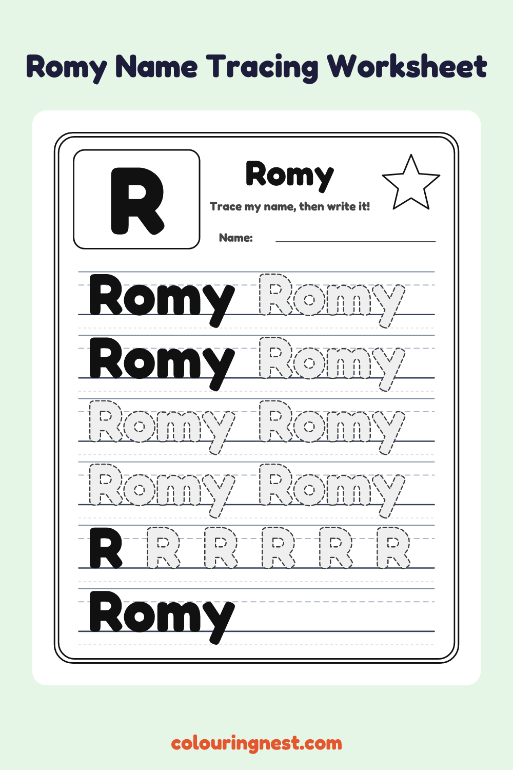 Romy Name Tracing Worksheet: free printable black-and-white line art