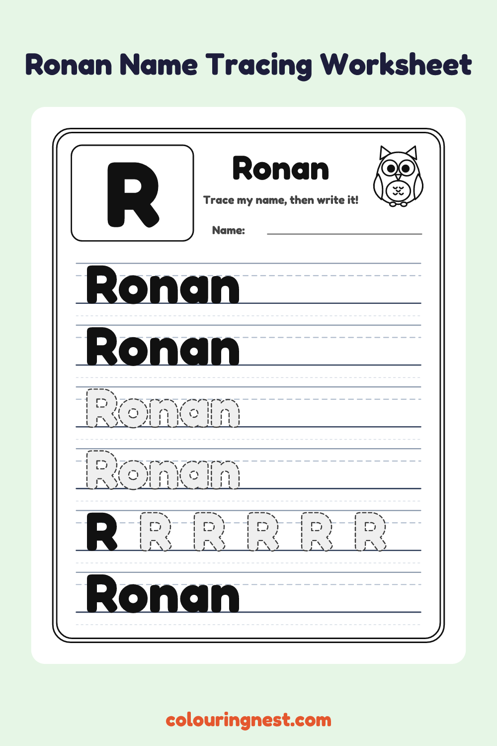 Ronan Name Tracing Worksheet: free printable black-and-white line art