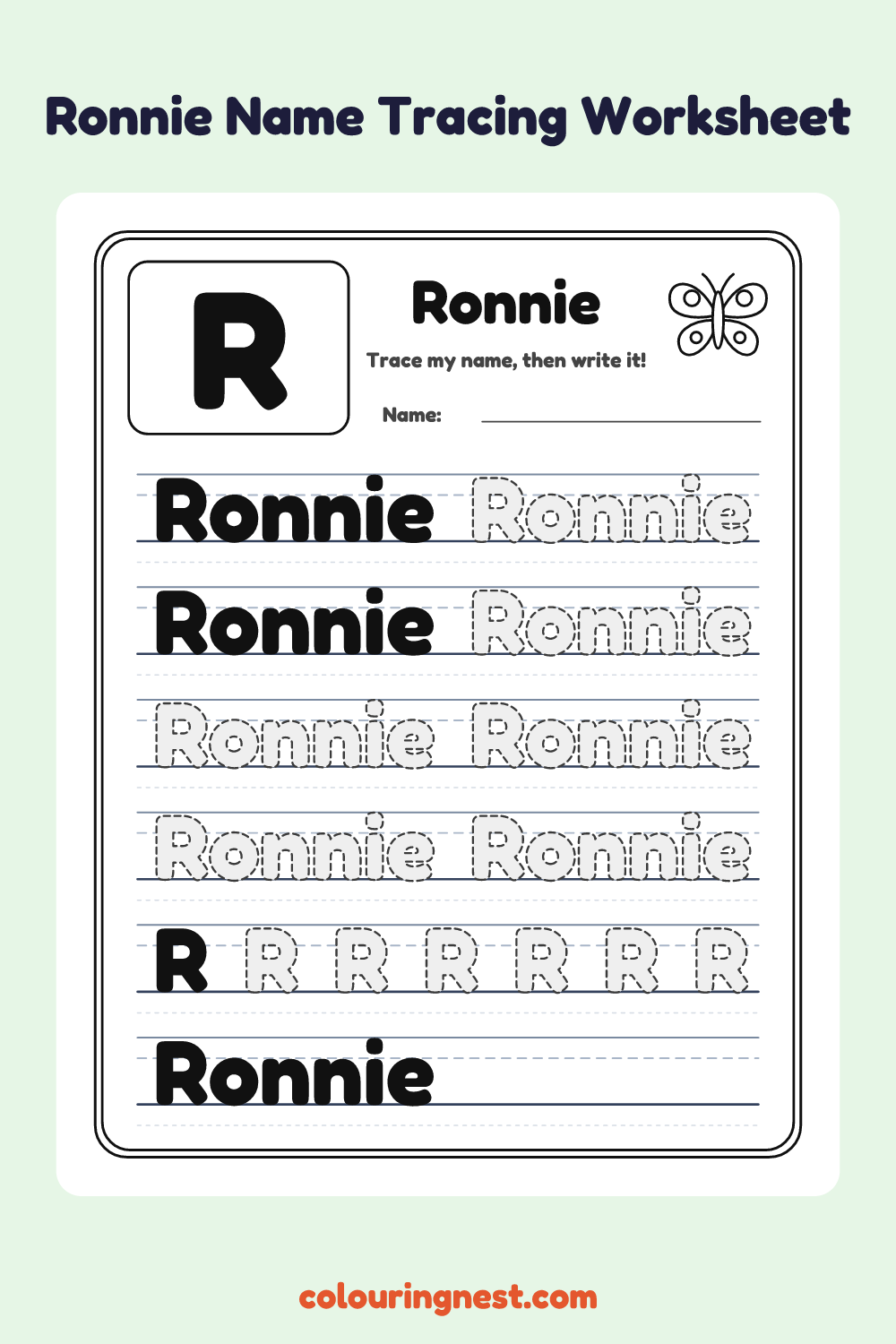 Ronnie Name Tracing Worksheet: free printable black-and-white line art