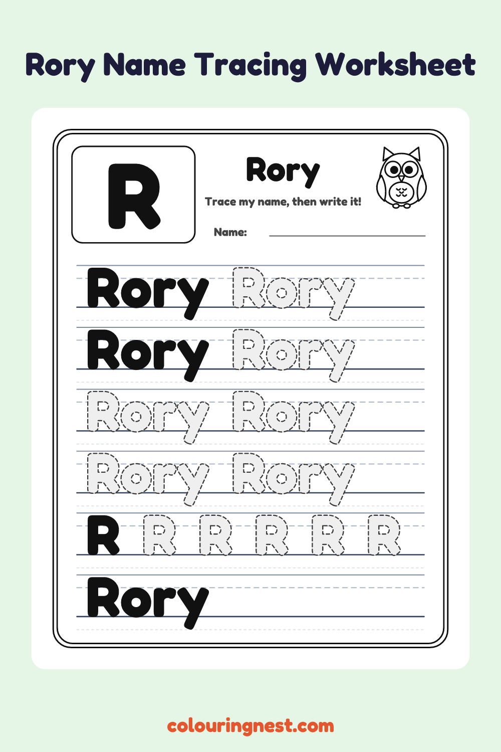 Rory Name Tracing Worksheet: free printable black-and-white line art