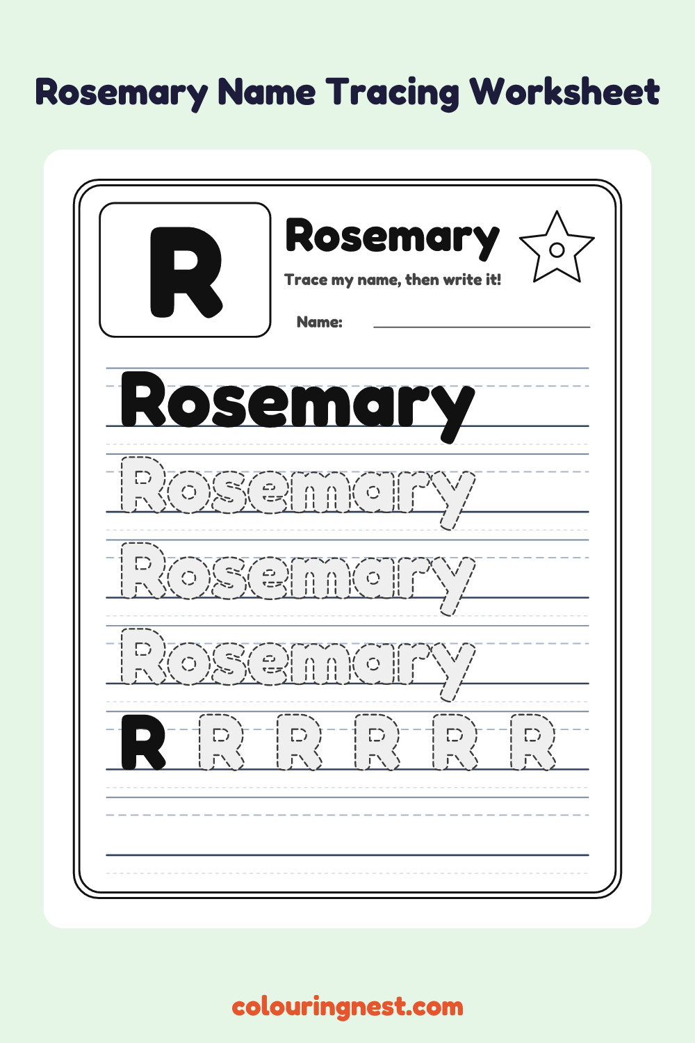 Rosemary Name Tracing Worksheet: free printable black-and-white line art