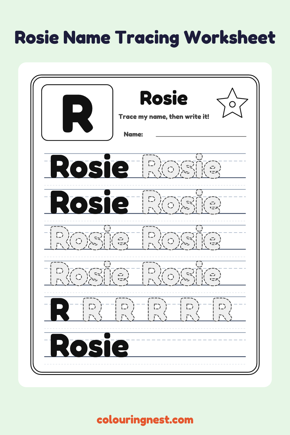 Rosie Name Tracing Worksheet: free printable black-and-white line art