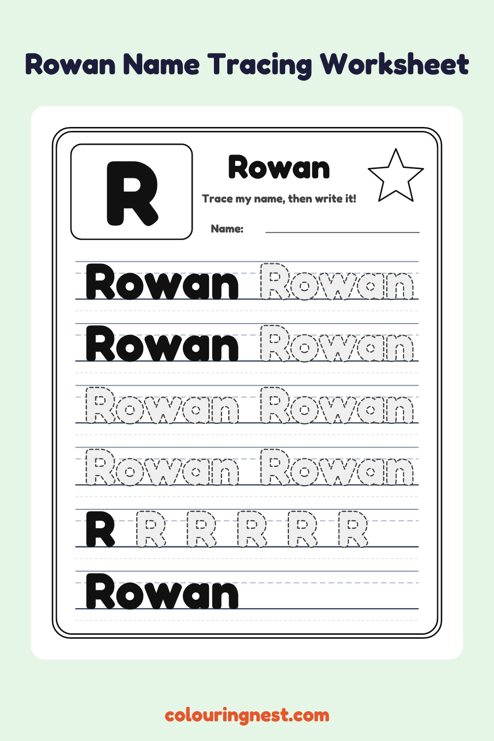 Rowan Name Tracing Worksheet: free printable black-and-white line art