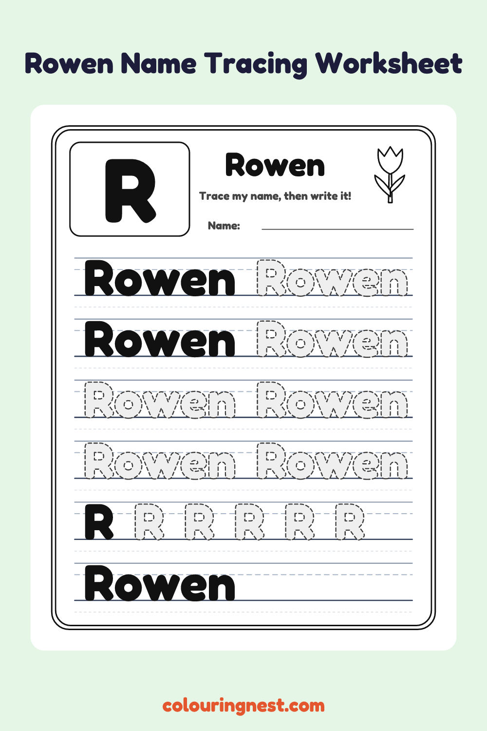 Rowen Name Tracing Worksheet: free printable black-and-white line art