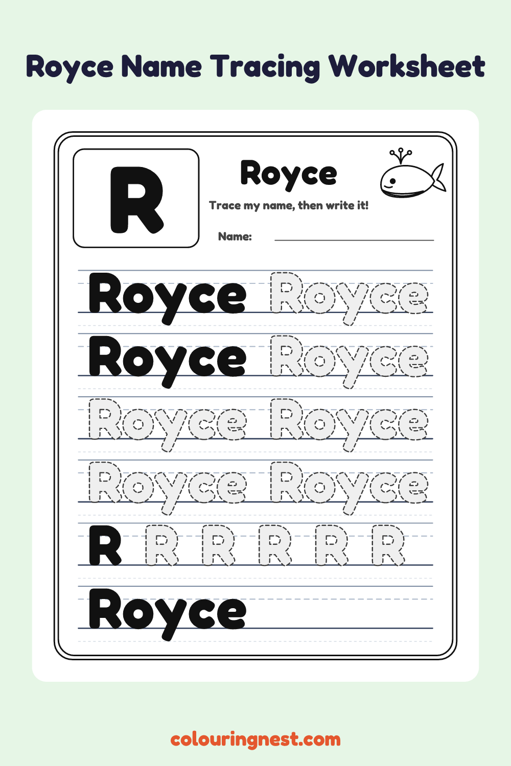 Royce Name Tracing Worksheet: free printable black-and-white line art