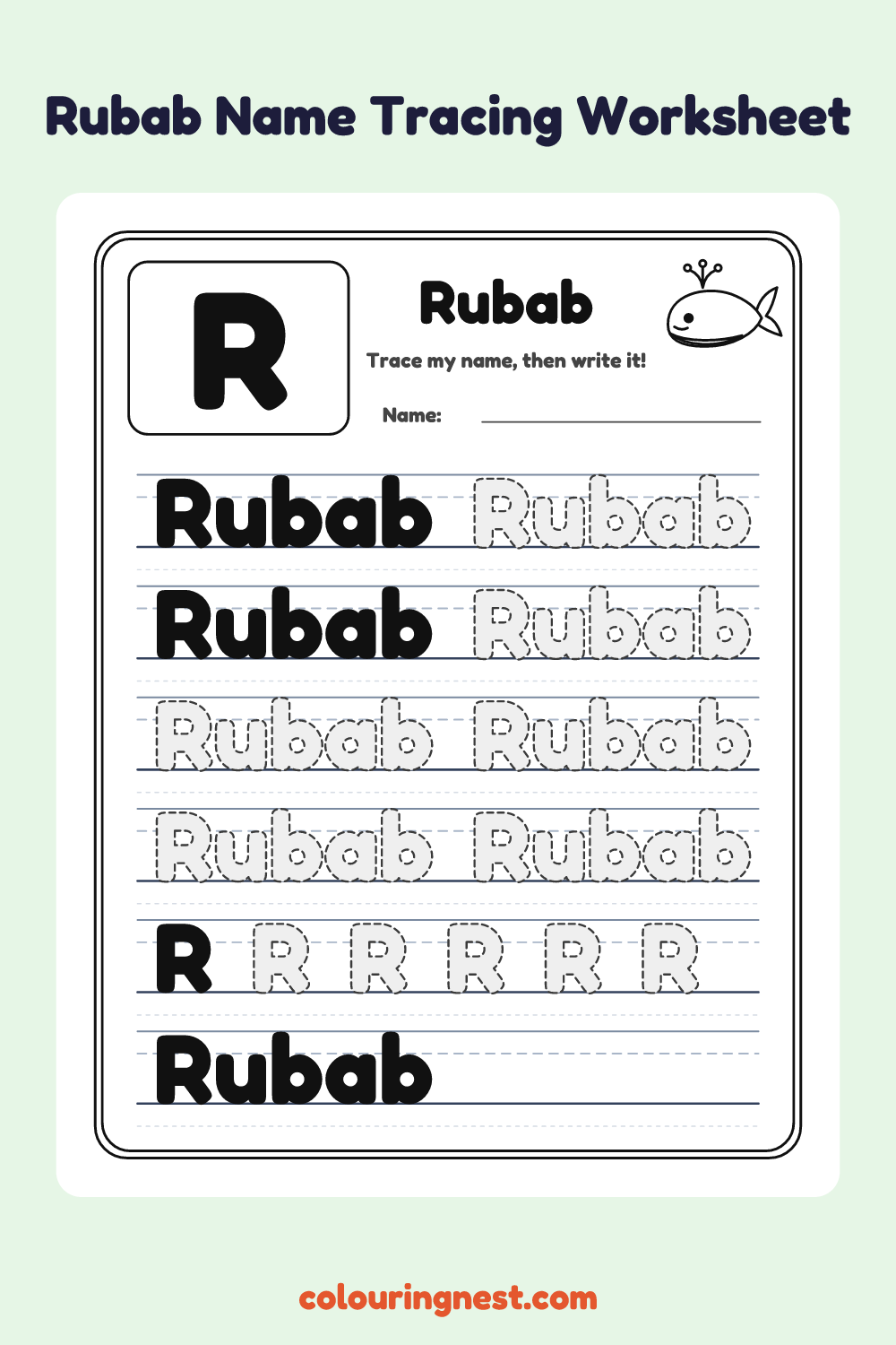 Rubab Name Tracing Worksheet: free printable black-and-white line art