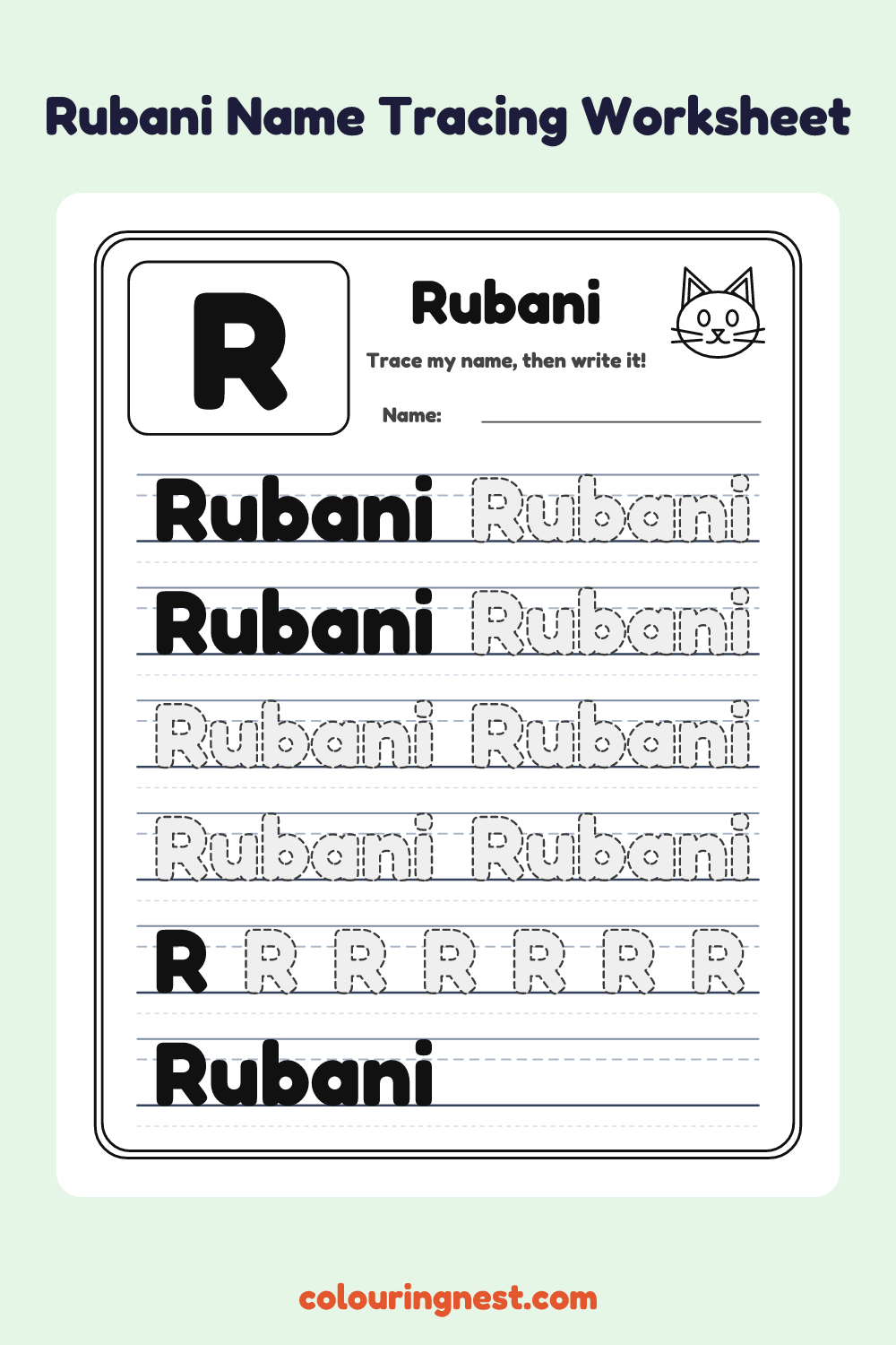 Rubani Name Tracing Worksheet: free printable black-and-white line art