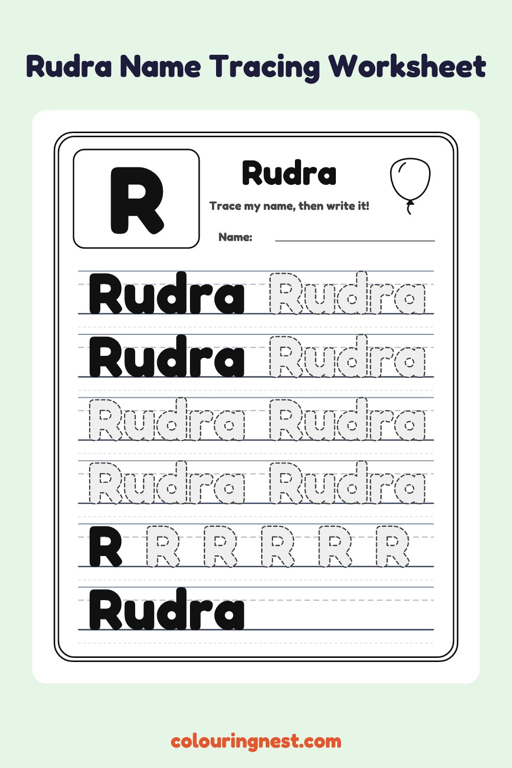 Rudra Name Tracing Worksheet: free printable black-and-white line art