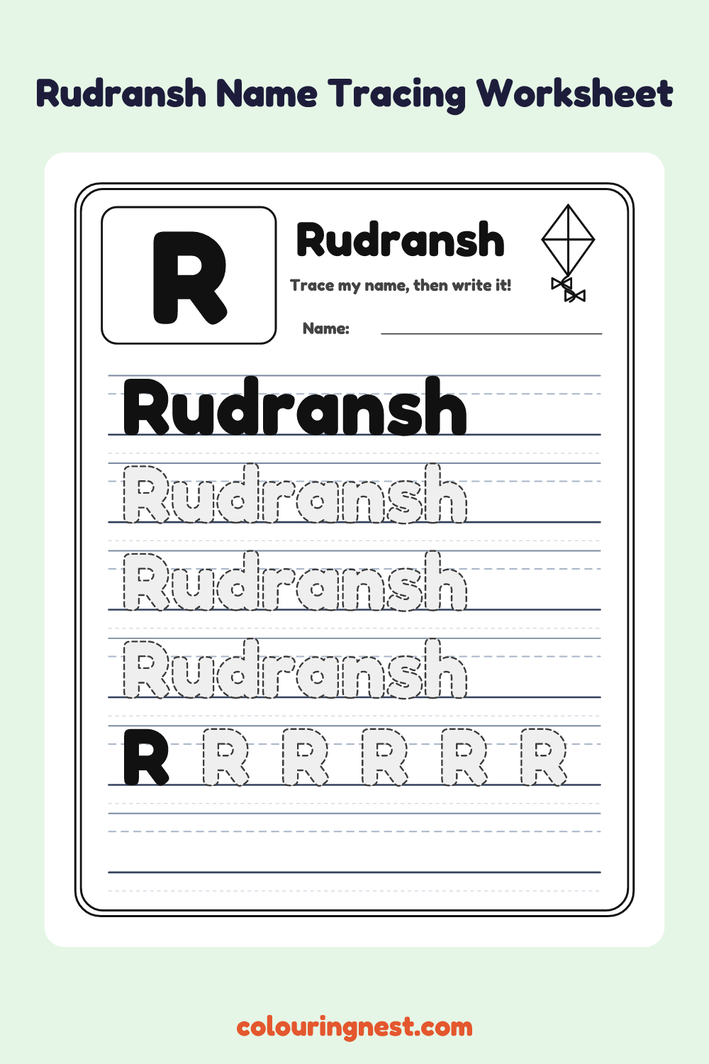 Rudransh Name Tracing Worksheet: free printable black-and-white line art