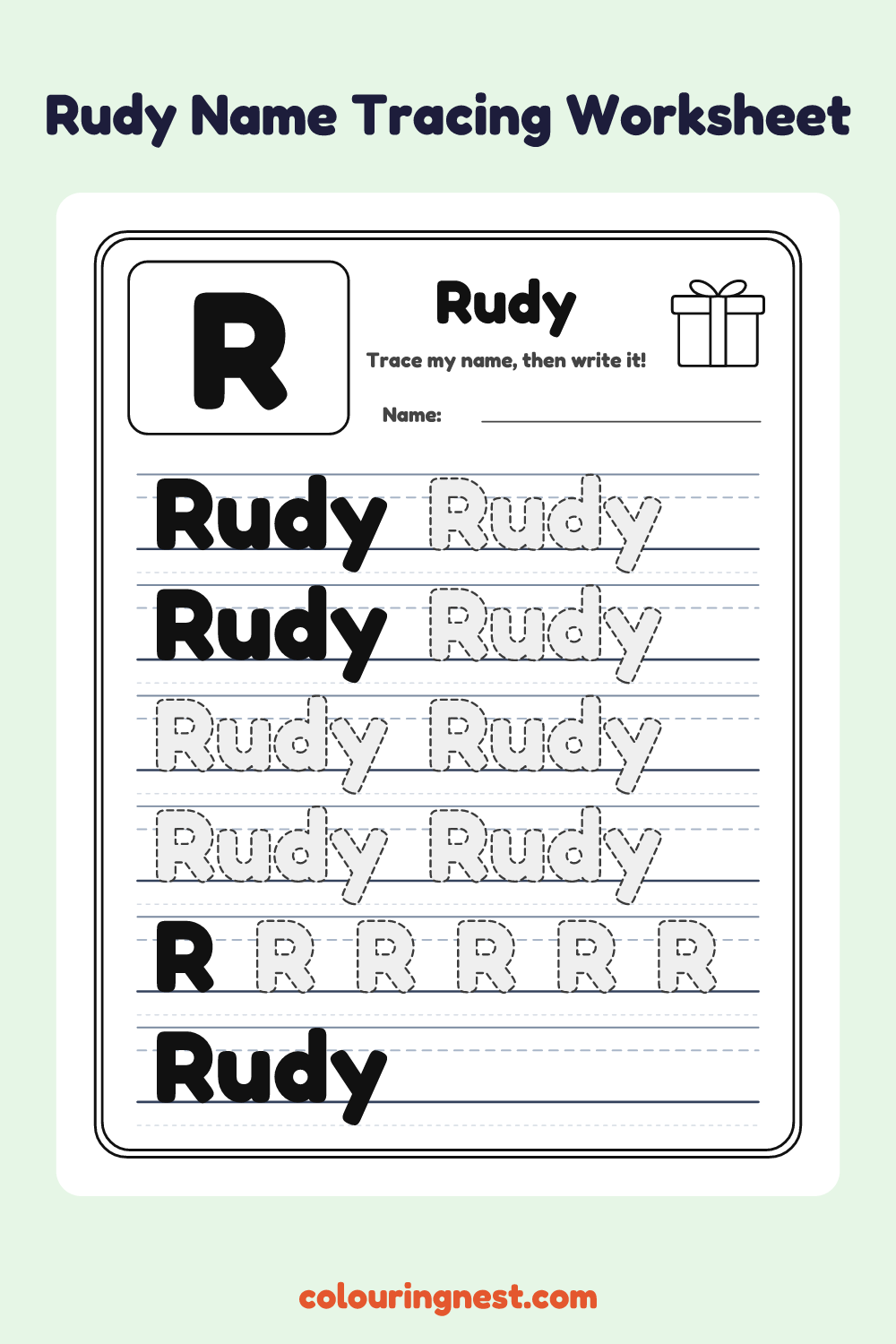 Rudy Name Tracing Worksheet: free printable black-and-white line art
