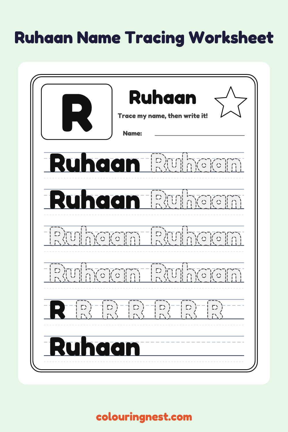 Ruhaan Name Tracing Worksheet: free printable black-and-white line art