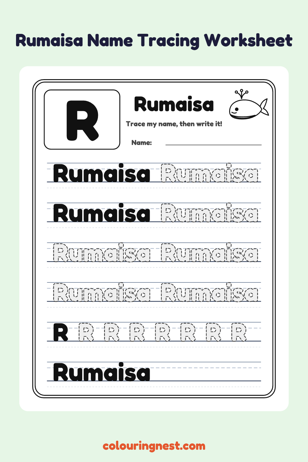Rumaisa Name Tracing Worksheet: free printable black-and-white line art